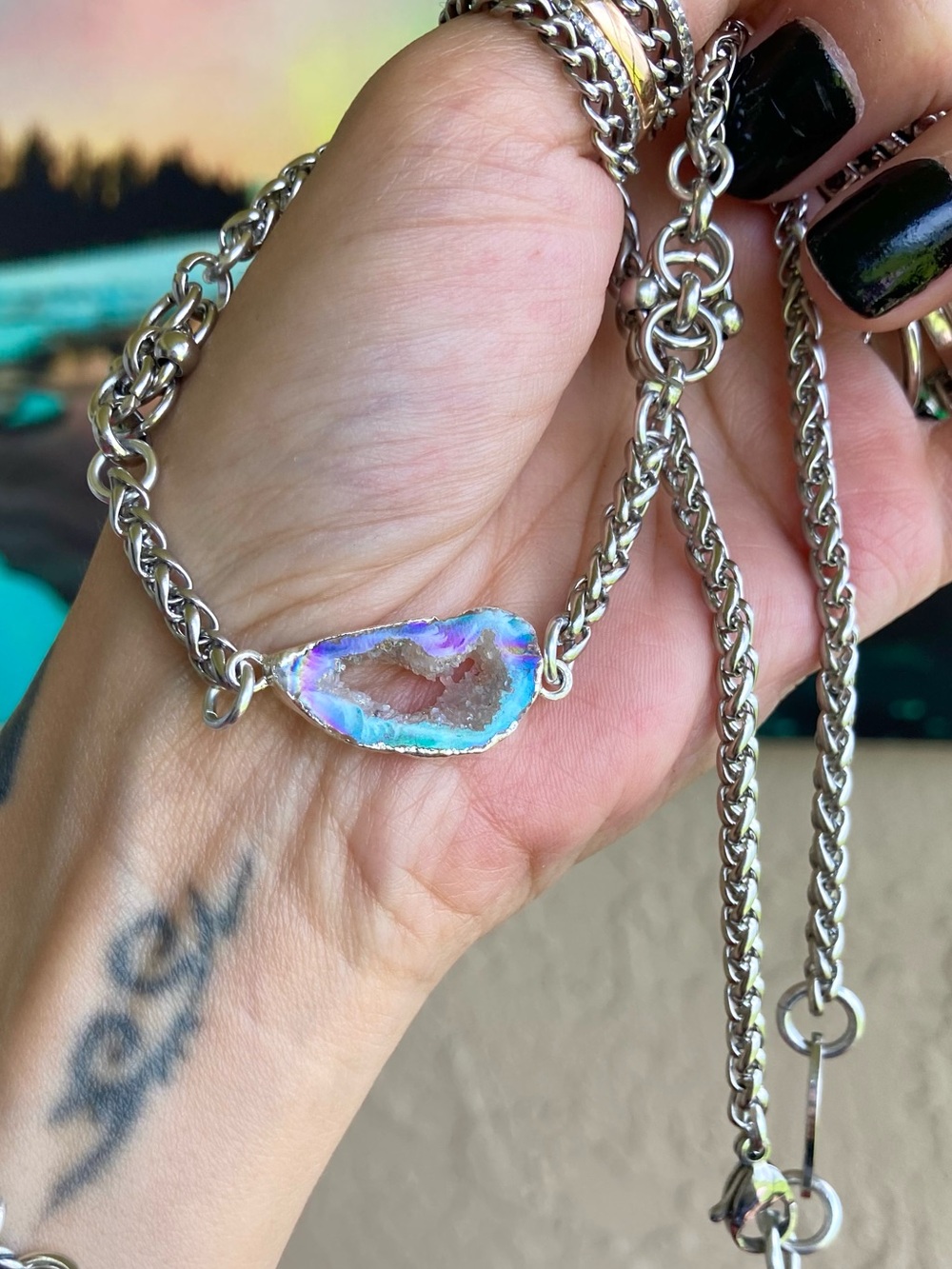 Druzy geode agate slice Celtic knot handmade boho silver necklace